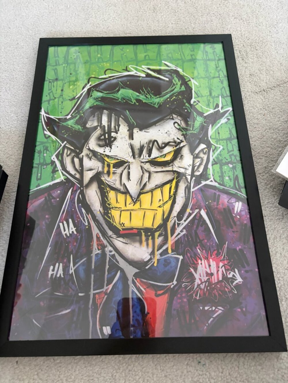 Joker Graffiti Style Portrait Art Print Framed | HA HA Text | Green Background